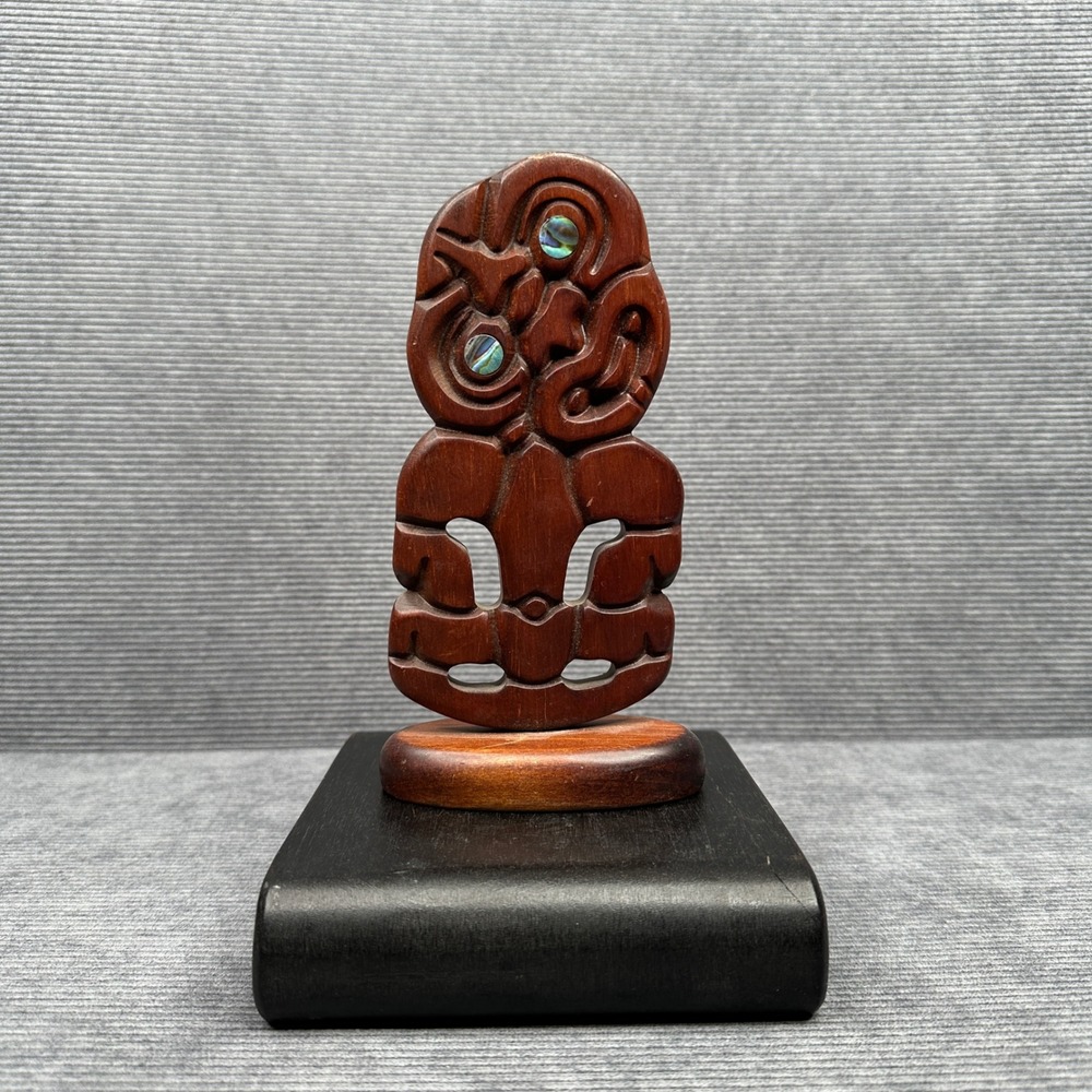 Maori Hei Tiki Wood Carving Rotorua New Zealand Paua Shell Eyes Statue 5.5in Vtg